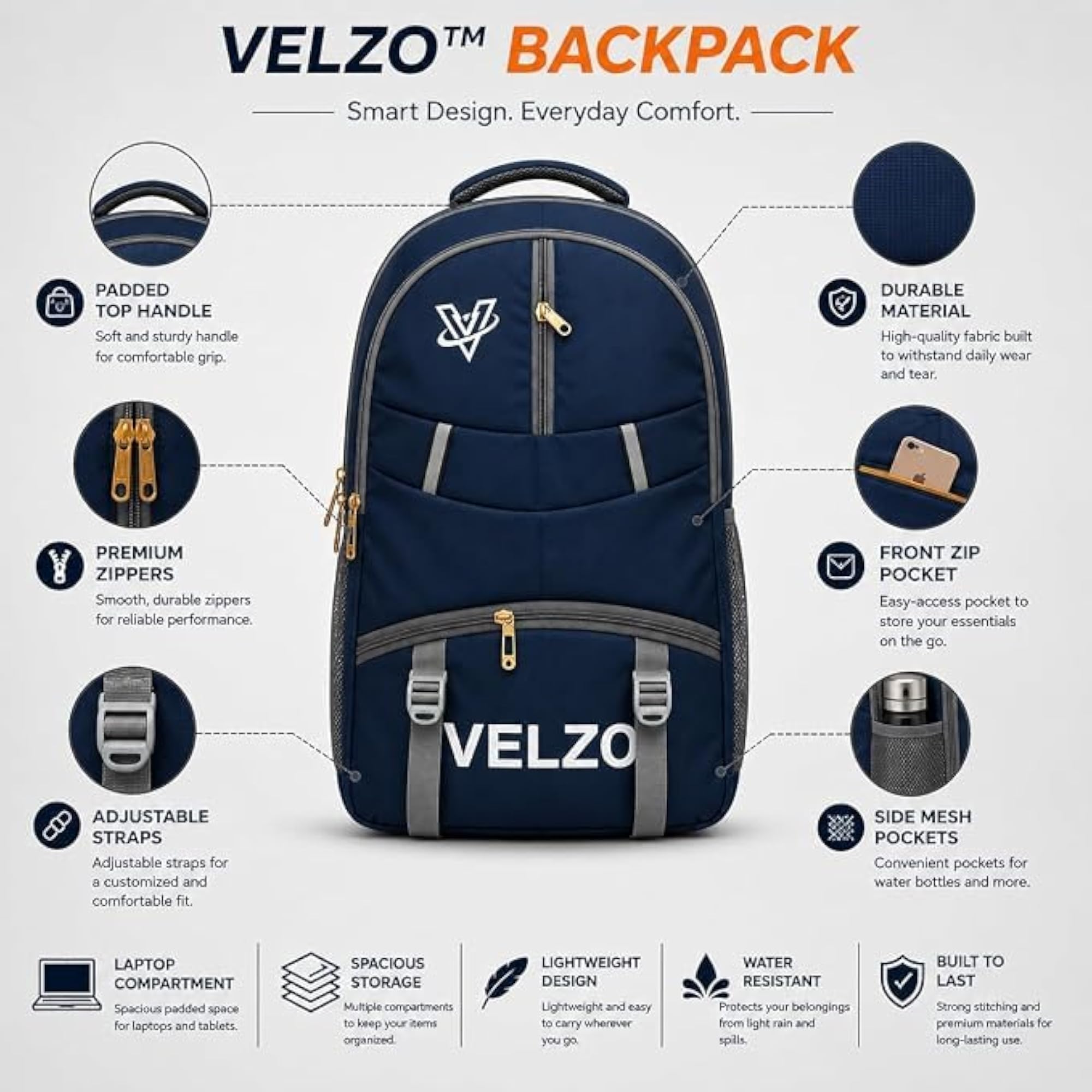 VELZO Water Resistant Backpack for Travel & Office